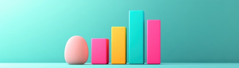 Fototapeta premium A colorful bar graph next to a pink egg against a teal background, representing growth and creativity in modern design.