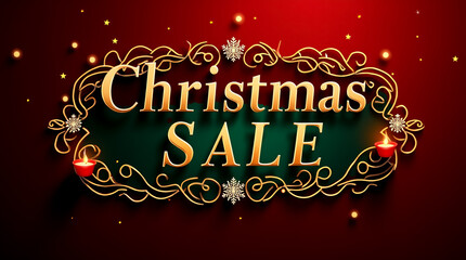 The vibrant Christmas sale banner features deep red and emerald green hues, elegantly embellished with ornate gold details, enticing shoppers to festive deals