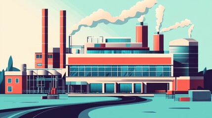 Fototapeta premium A colorful illustration of an industrial factory with smokestacks, showcasing modern architecture and production activities.