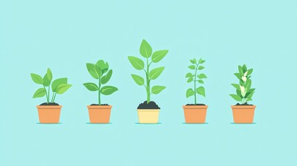 A colorful illustration of various potted plants showcasing growth stages against a light blue background.