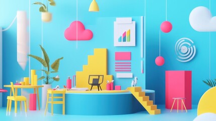 A colorful modern workspace featuring vibrant decor, creative elements, and a playful atmosphere, perfect for inspiration and productivity.