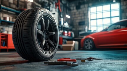 Fototapeta premium A car tire undergoing routine maintenance, showcasing the tools and process involved, with a professional service backdrop.