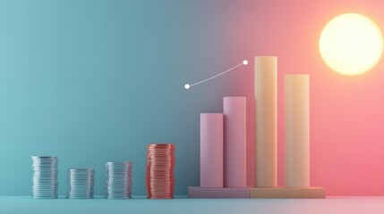 Fototapeta premium A creative representation of financial growth featuring colorful bar graphs, coins, and a vibrant sun backdrop.