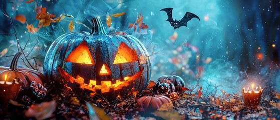A jack-o-lantern with glowing eyes sits in a foggy forest with other pumpkins and a flying bat.