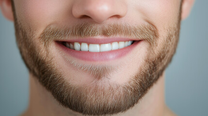 Fototapeta premium Close-up of a smiling man with well-groomed facial hair and bright white teeth, highlighting oral health and beard care