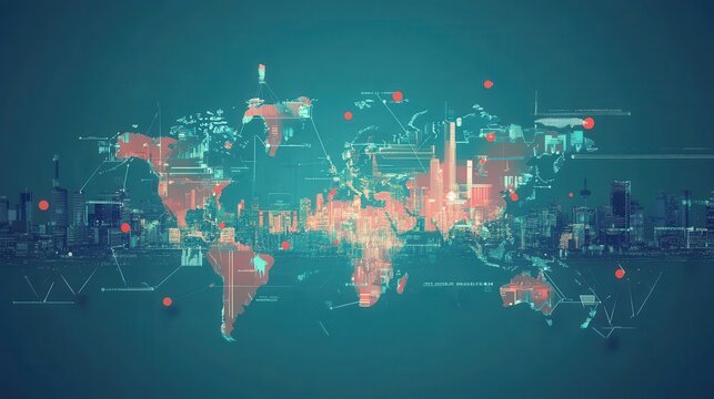 A conceptual world map featuring urban data visualizations and digital elements representing global connectivity and technology.