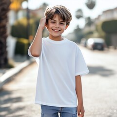 Kids white oversized tshirt mockup. Posing teen boy model wearing basic crewneck t-shirt mock up. Teenager's regular shirt, front view of casual tee, young urban lifestyle, summer city street
