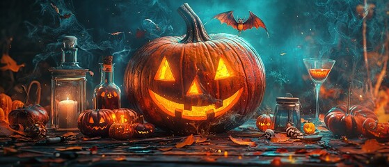 Halloween still life with jack-o-lantern, candles, potion bottles, and a bat flying over a spooky forest.