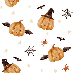 Watercolor seamless pattern with cute pumpkins, bat, witch hat, spiders, cobwebs, stars for Happy Halloween: wrapping paper, poster, textile