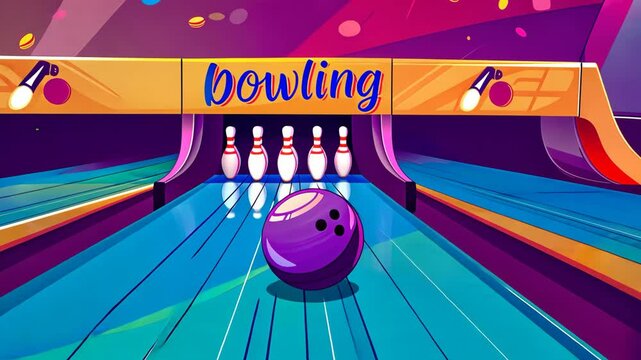 Bowling ball rolling down alley approaching pins