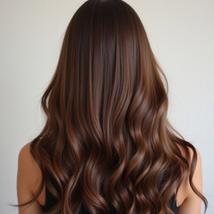 Naklejka premium A person with long, wavy brown hair is turned away, showcasing the beautiful waves and shine. Neutral background that highlights hair texture. Hair care, the effect of cosmetics Generative AI