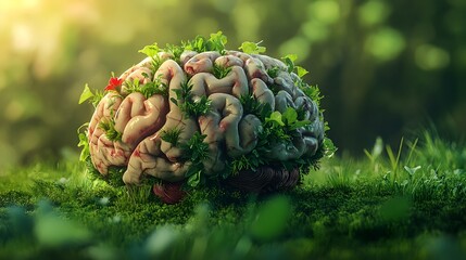 Conceptual 3D depicting a human brain covered in lush thriving vegetation growing over a soothing grassy background symbolizing the interconnectedness of the mind and the natural world