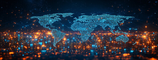 Reflection abstract digital world map, concept of global network and connectivity on earth, data transfer and cyber technology, information exchange and international telecommunication, ai.