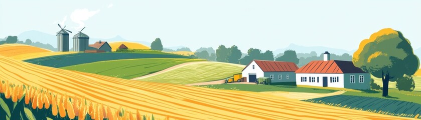 A serene landscape featuring farmland, silos, and a cozy farmhouse under a clear blue sky, perfect for rural imagery.