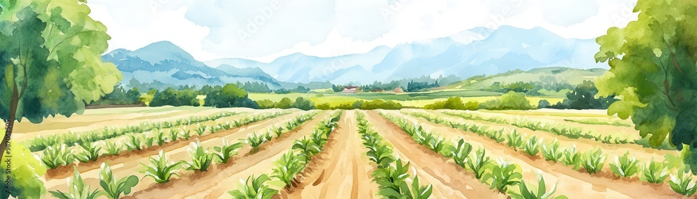 Wall mural a serene landscape featuring rows of crops under a clear sky, surrounded by mountains in a rural set