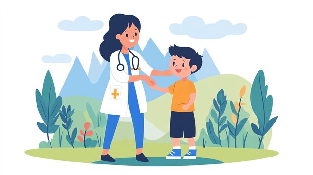A smiling doctor interacts with a happy child in a vibrant outdoor setting, promoting health and wellness through care.