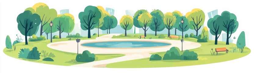 Fototapeta premium A serene park landscape featuring lush trees, a tranquil pond, and walking paths, perfect for relaxation and outdoor enjoyment.
