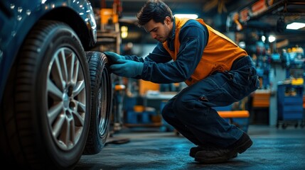 A mechanic changing a car tire in a professional garage setting, with tools and equipment, ideal for service-related content.