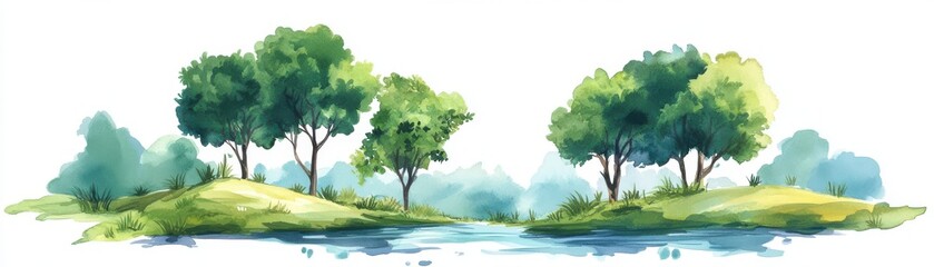A serene watercolor landscape featuring lush green trees and a tranquil river, perfect for nature-themed projects.