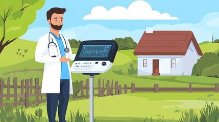 A doctor standing beside a medical device in a picturesque rural setting with a house and lush greenery.