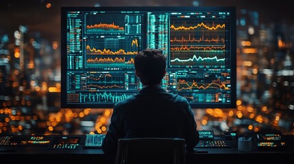 Person analyzing data on multiple monitors in a modern city office at night, showcasing financial charts and graphs.