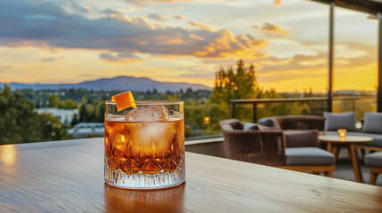 Stylish whiskey cocktail served over ice with orange garnish against a vibrant sunset backdrop on a modern patio