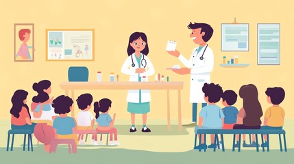 A doctor teaches children about medicine in a colorful classroom, engaging them with fun visuals and hands-on activities.