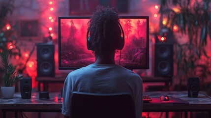 Person gaming at a computer with headphones in a dimly lit room with red lighting and plants, creating an immersive atmosphere.
