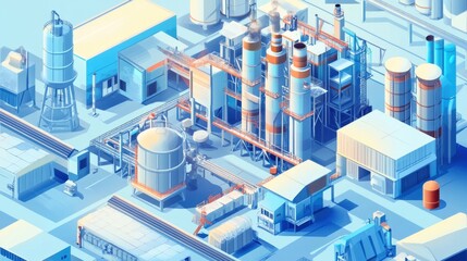 A vibrant, isometric view of a modern industrial complex featuring tanks, pipes, and buildings in a blue color palette.