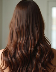 Fototapeta premium A person with long, wavy brown hair is turned away, showcasing the beautiful waves and shine. Neutral background that highlights hair texture. Hair care, the effect of cosmetics Generative AI