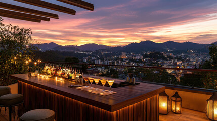 Fototapeta premium Scenic rooftop bar at sunset with panoramic city views, illuminated cocktails, and romantic ambiance created by string lights and lanterns