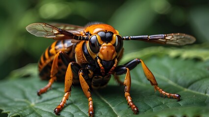 Fototapeta premium Close-up of a Vibrant Hornet Resting on a Green Leaf in a Garden During the Afternoon Sunlight