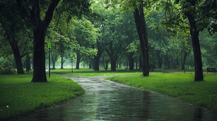 Obraz premium It's raining in the park. The paths are wet, and the grass is green. The trees are tall and lush. It's a peaceful and beautiful scene.