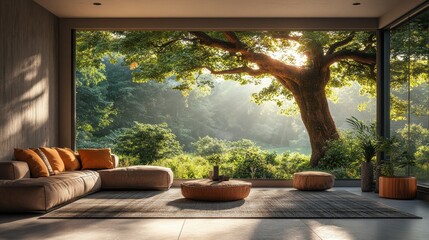 Modern Living Room with Forest View