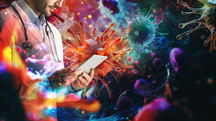 Naklejka premium Medical Doctor Analyzing Virus Data with Tablet