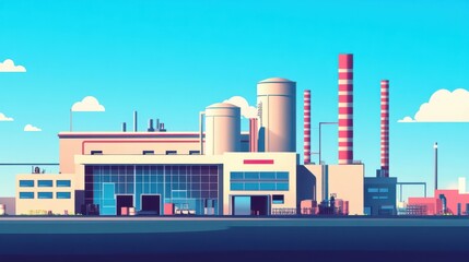 Obraz premium A vibrant and modern industrial complex featuring smokestacks and large storage silos against a clear blue sky.