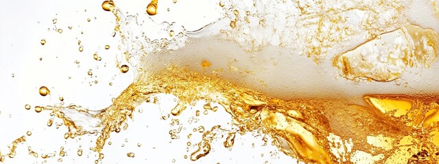 Close-up of beer splash with drops and wavy foam bubbles isolated on white background