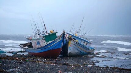 Fototapeta premium Dramatic scene of boats and fishing vessels violently tossed onto the shore illustrating the powerful impact of a major coastal storm or typhoon event