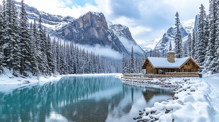 Emerald Lake's charming winter scenery. Snow-capped mountains, a cozy wooden lodge, and towering pine trees paint a stunning picture. This captivating scene is found in Canada's Yoho National Park.