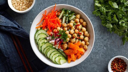 An appetizing dish with chickpeas in an oriental way, decorated with ribbons of bright carrots, a spicy bouquet of arugula leaves, pinches of rich red pepper and slices of cool cucumber.