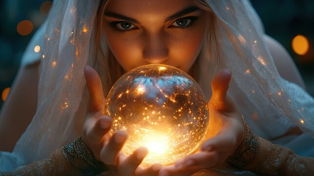 A woman with a mystical gaze gazes into a glowing crystal ball.