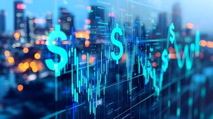 Financial Charts and Dollar Signs in Cityscape