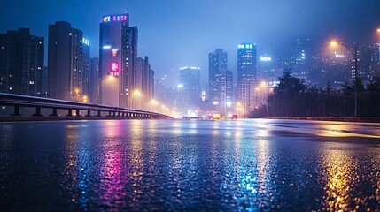 Fototapeta premium Modern city at night with shiny asphalt road and buildings in Chongqing, after the rain.