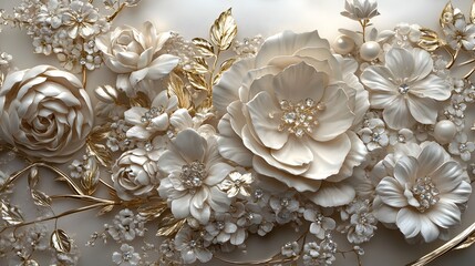 Elegant Gold Floral Border Artwork with Delicate Lacework Encasing Botanical Bouquet Centerpiece