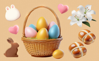 Naklejka premium A Set of Happy Easter 3D Illustrations: Easter Eggs, Basket, Chocolate Bunny, Lily Flowers, Heart, Cross Bread, White Bunny Ball