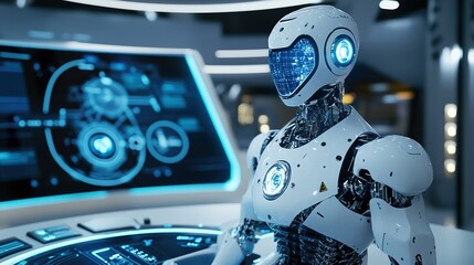 Advanced humanoid robot using artificial intelligence with holographic projection capabilities is interacting on a computer screen.