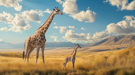 Fototapeta premium A baby giraffe taking its first steps alongside its mother, surrounded by a tranquil landscape of tall grasses and distant mountains.