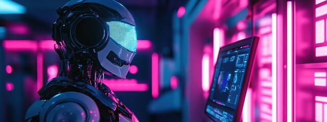 Humanoid robot interacting with holographic interface on computer screen