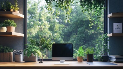 A beautifully designed office window with a view of nature, featuring plants on the windowsill and modern decor, promoting a sense of well-being and productivity.
