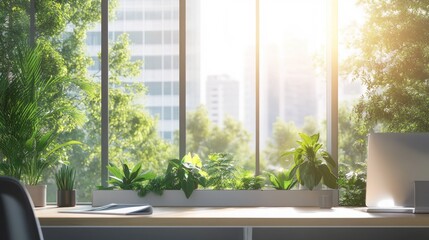 Fototapeta premium A beautifully designed office window with a view of nature, featuring plants on the windowsill and modern decor, promoting a sense of well-being and productivity.